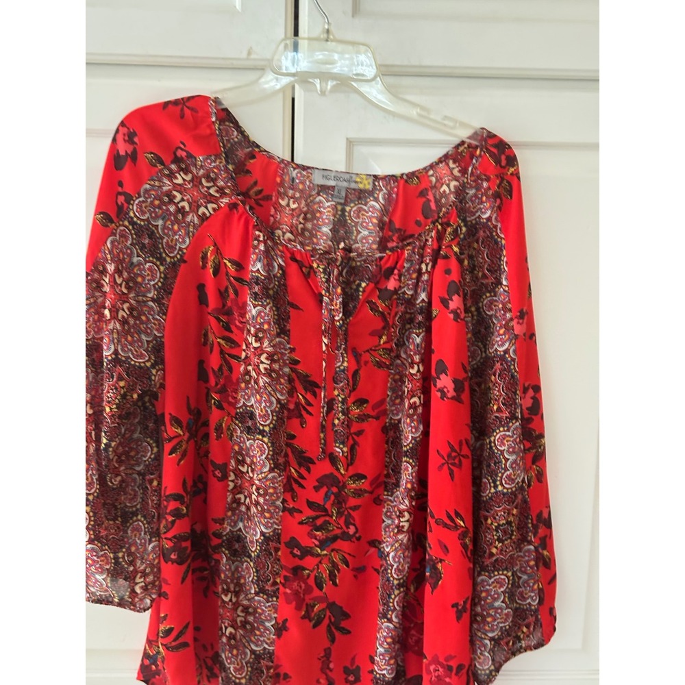 Figueroa & Flower Red Paisley Floral Peasant Blouse XL Boho Tie Neck Top‎